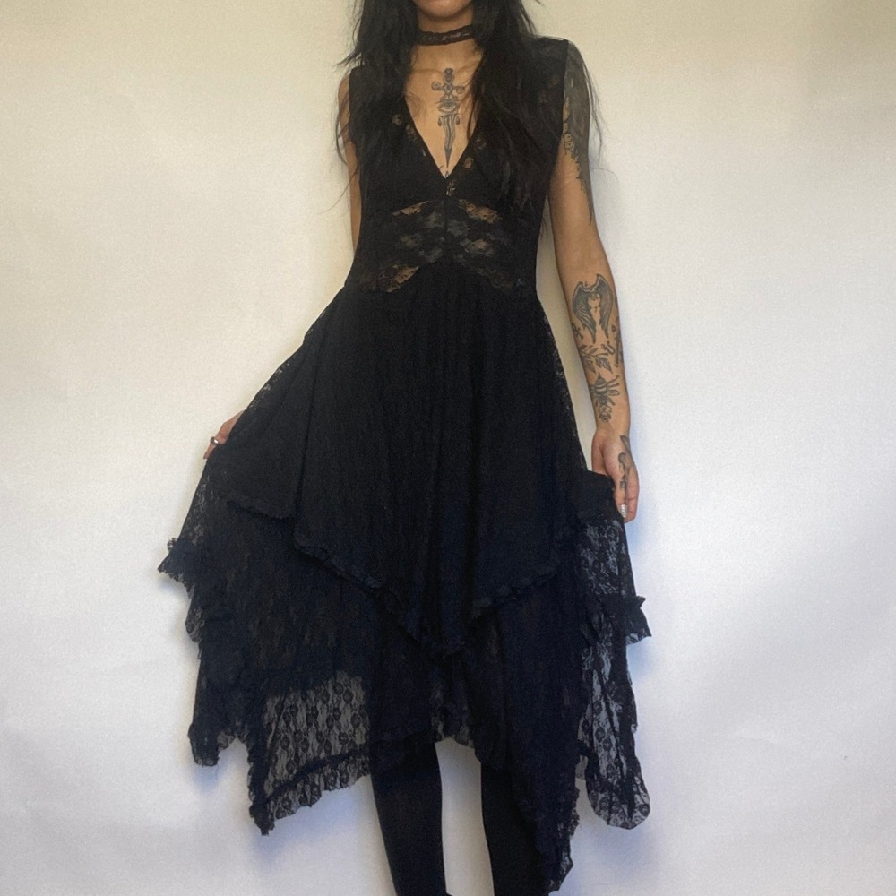 Black Layered Lace Handkerchief Midi Dress Gothic Fairy Grunge Whimsigoth